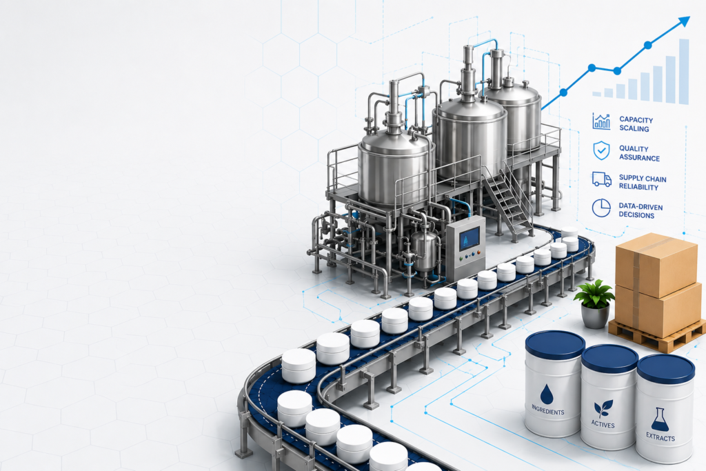 Cosmetic manufacturing tanks, production line, and capacity growth chart representing scalable beauty product manufacturing